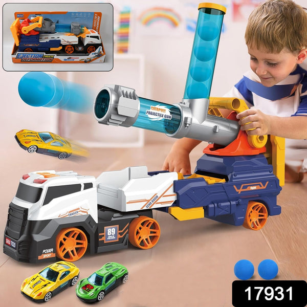 17931 Truck Toys for Kids, Large Truck Toys Include 2 Racing Cars+4 Ball, with Light & Sounds, Eejection & Shooting Transport Cars Toy, Gifts for Boys Girls (Battery Not Included)